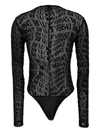 Versace Jeans Couture Logo-print Mesh Bodysuit In Black