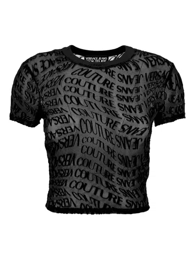 Versace Jeans Couture T-shirt With A Logo And A Velvet Finish In Black