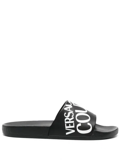 Versace Jeans Couture Logo-print Slip-on Slides In Black