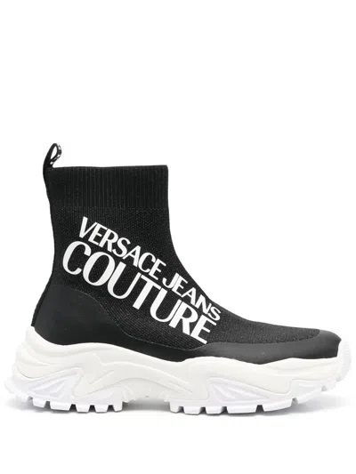 Versace Jeans Couture Logo-print Sock-style Sneakers In Black