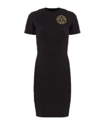Versace Jeans Couture Logo Printed Crewneck Dress In Black