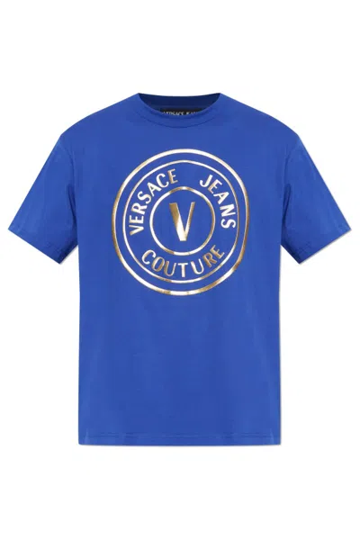 Versace Jeans Couture Logo Printed Crewneck T-shirt In Blue