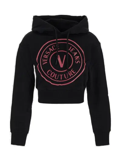 Versace Jeans Couture Logo Printed Drawstring Cropped Hoodie In Black