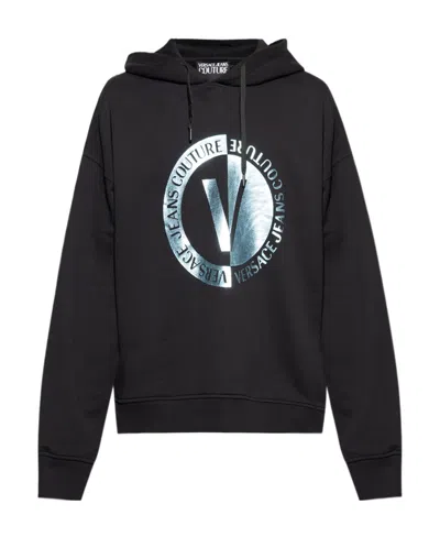 Versace Jeans Couture Logo Printed Drawstring Hoodie In Black