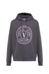 Versace Jeans Couture Logo Printed Drawstring Hoodie In Gray
