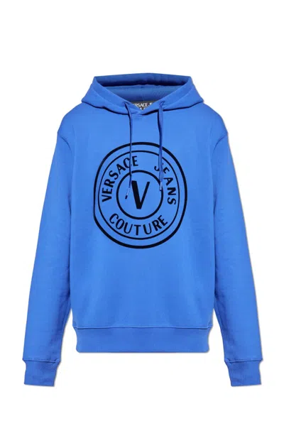 Versace Jeans Couture Logo Printed Drawstring Hoodie In Blue
