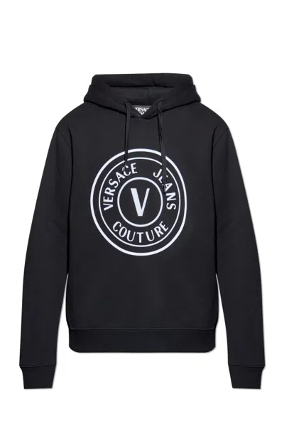 Versace Jeans Couture Logo Printed Drawstring Hoodie In Black