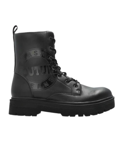Versace Jeans Couture Logo Printed Lace-up Boots In Black