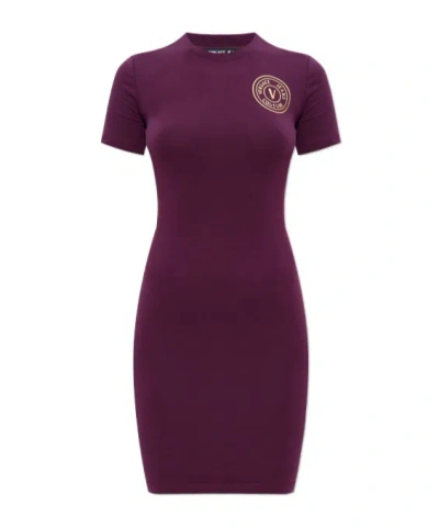 Versace Jeans Couture Logo Printed Mini Dress In Purple
