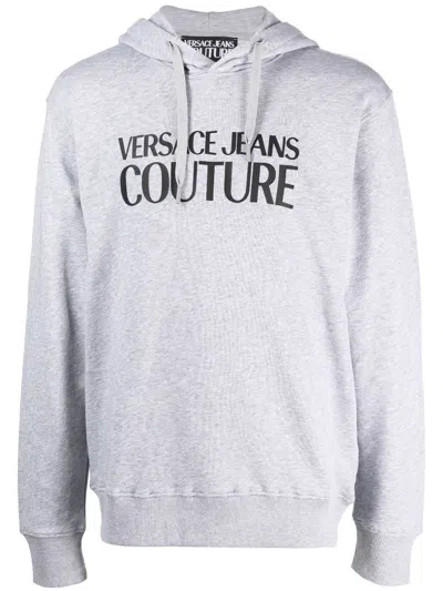 Versace Jeans Couture Cross-neck Grey Sweatshirt With Bold Logo Design In Blue
