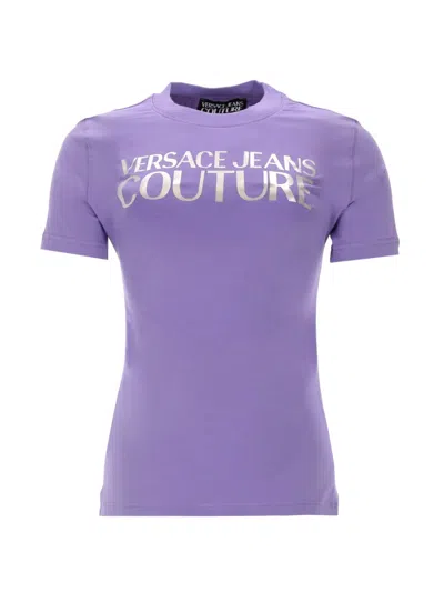 Versace Jeans Couture Crew Neck Fitted Short Sleeve Top In Purple