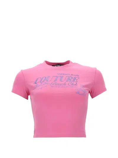Versace Jeans Couture Cropped Graphic Logo Crew Neck Top In Pink