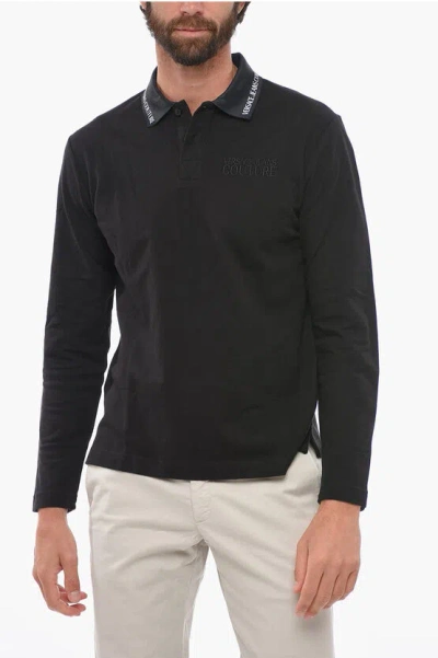 Versace Jeans Couture Logoed Collar Cotton Polo In Black