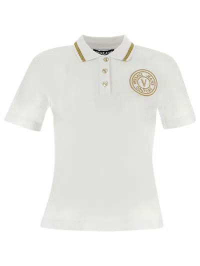 Versace Jeans Couture Woman Polo Shirt White Size S Cotton, Polyester, Elastane, Metallic Fiber