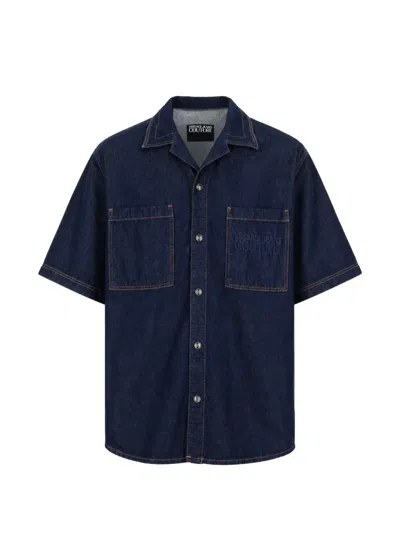 Versace Jeans Couture Baroque Logo Chest Denim Shirt In Black