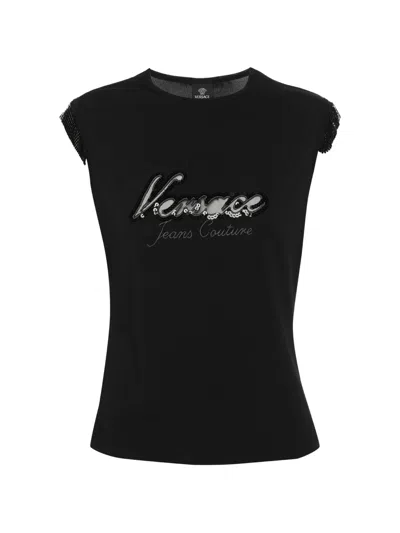 Pre-owned Versace Jeans Couture Logo-embroidered Top In Black