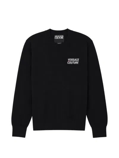 Versace Jeans Couture Ribbed Hem Long Sleeve Crew Neck Sweater In Black