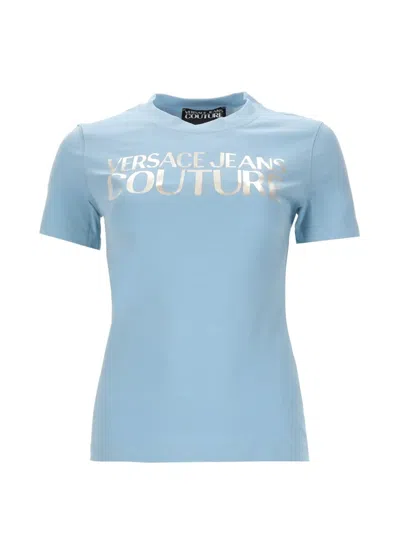 Versace Jeans Couture Short Sleeve Crew Neck Branded Top In Blue