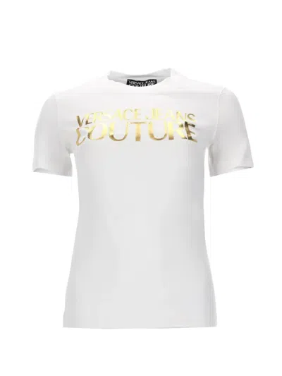 Versace Jeans Couture Short Sleeve Crew Neck Top Metallic Lettering In White
