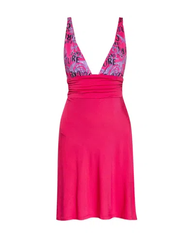 Versace Jeans Couture Logo-printed V-neck Mini Dress In Pink