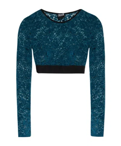 Versace Jeans Couture Long Sleeved Floral-lace Cropped Top In Multi