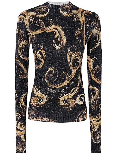 Versace Jeans Couture Lurex Print Sweater In Black Gold