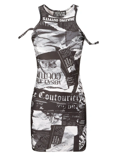 Versace Jeans Couture Magazine Print Short Dress In Black
