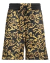 Versace Jeans Couture Black/gold Printed Polyester Bermuda Shorts In Black