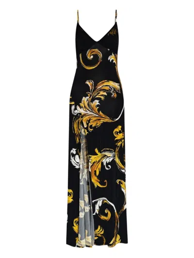 Versace Jeans Couture Maxi Dress With Signature Barocco Print In Black