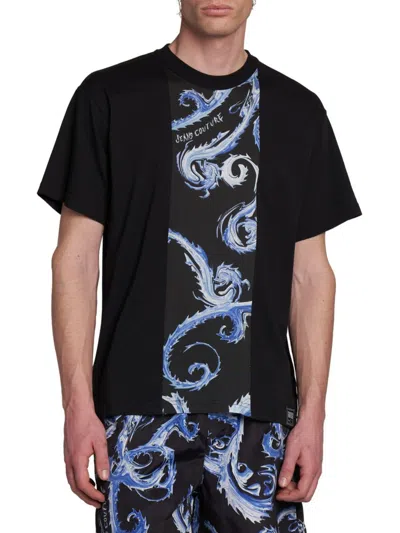 Versace Jeans Couture Men's Baroque-paneled Cotton Crewneck T-shirt In Nero Royal