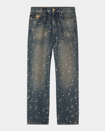 Versace Jeans Couture Men's Crystal-studded Stonewashed Denim Jeans In Blue