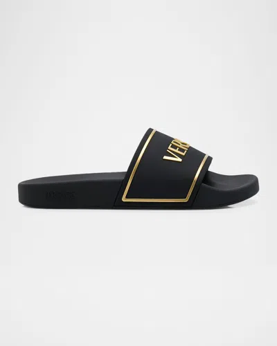 Versace Jeans Couture Men's Embossed Logo Rubber Pool Slides In Black