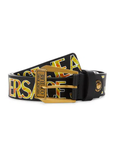 Versace Jeans Couture Men's Frame Buckle Logo Leather Belt In Black Gold