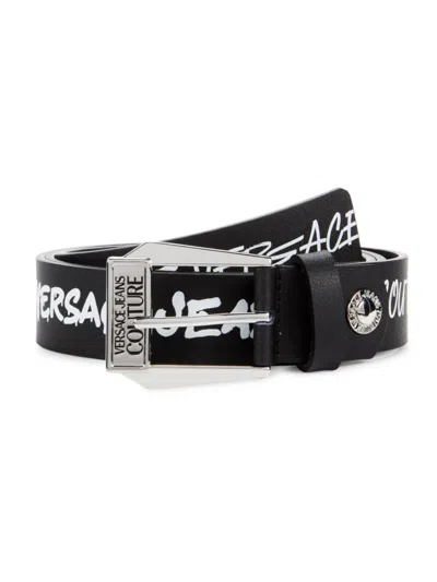 Versace Jeans Couture Men's Frame Buckle Logo Leather Belt In Black White