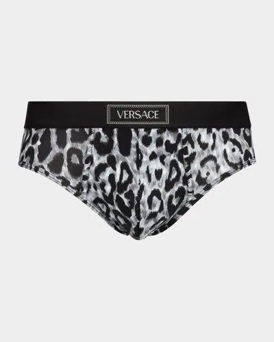Versace Jeans Couture Men's Leopard-print Stretch Jersey Cotton Briefs In Black
