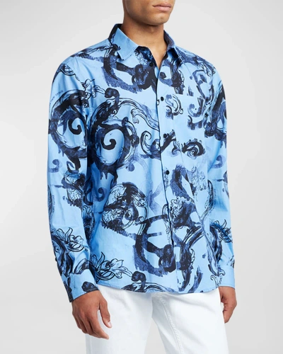Versace Jeans Couture Men's Watercolor Baroque Dress Shirt In Bonnie Light Blue