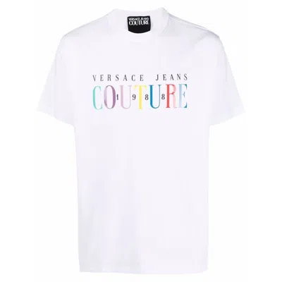 Versace Jeans Couture White T-shirt With Multicolor Printed Logo In White,rainbow
