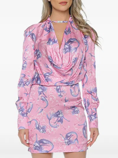 Versace Jeans Couture Mermaid-print Cowl-neck Mini Dress In Orange