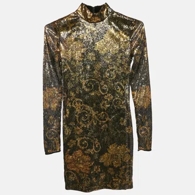 Pre-owned Versace Jeans Couture Metallic Flora Baroque Sequin Paillettes Mini Bodycon Dress S