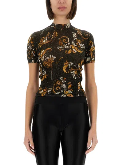 Versace Jeans Couture Mini Cropped Baroque Knit T-shirt In Black