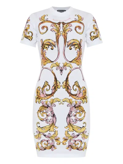 Versace Jeans Couture Mini Placed Dress Stretch Barocco Short Sleeves In White