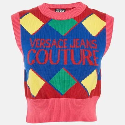 Pre-owned Versace Jeans Couture Multicolor Logo Cotton Knit Cropped Sweater Xs