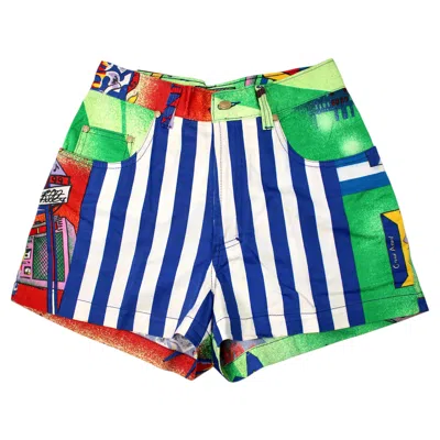 Pre-owned Versace Jeans Couture New York Jazz Age Print High Waisted Shorts Circa 1995 In Blue