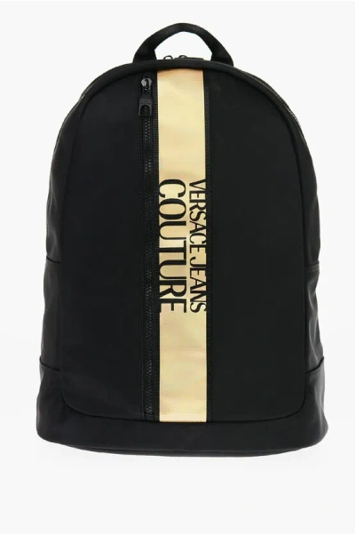 Versace Jeans Couture Nylon Backpack With Contrasting Logoed Detail In Black