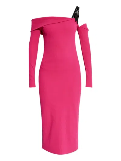 Versace Jeans Couture Off-shoulder Buckle Midi Dress In Pink