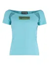 Versace Jeans Couture Cotton Logo T-shirt With Tulle And Mesh In Blue