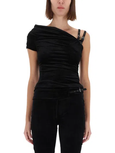 Versace Jeans Couture Oneshoulder Top With Baroque Buckle In Black