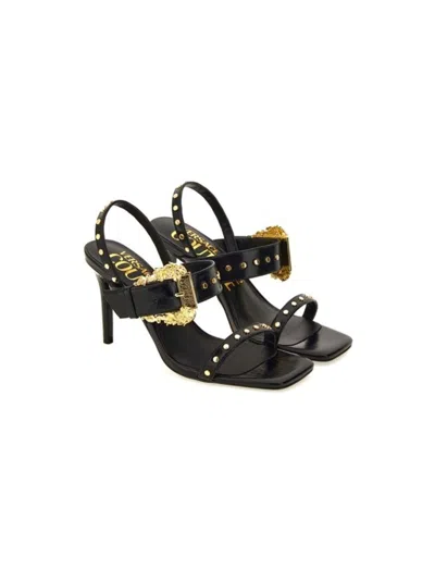 Versace Jeans Couture Open Sandals With Gold Buckle In Black