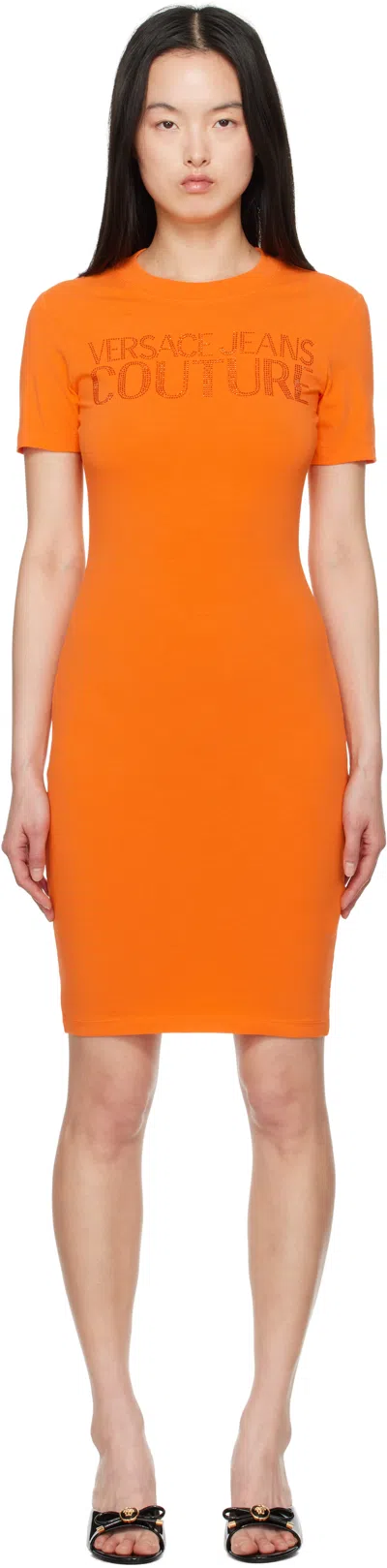 Versace Jeans Couture Orange Crystal Logo Minidress In E565 Tiger