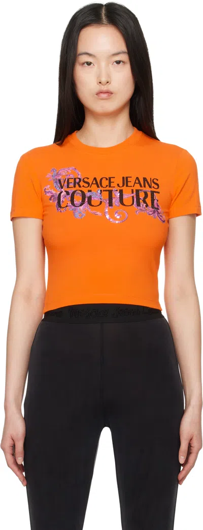 Versace Jeans Couture Orange Crystal Outline Barocco T-shirt In E565 Tiger